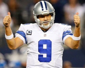 ARLINGTON, TX - JANUARY 04:  Tony Romo #9 of the Dallas Cowboys gestures against the Detroit Lions during the second half of their NFC Wild Card Playoff game at AT&T Stadium on January 4, 2015 in Arlington, Texas.  (Photo by Tom Pennington/Getty Images)